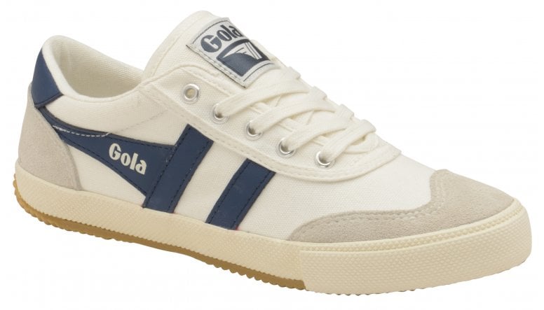 A slightly angled view of the white and blue Gola sneaker.