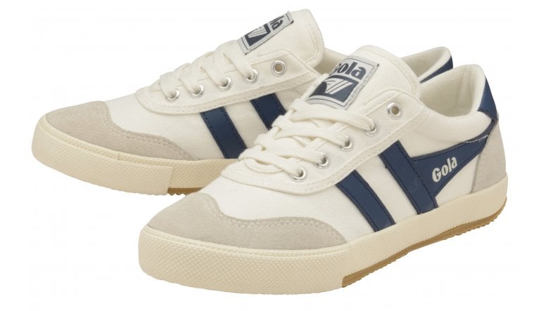 A pair of white and blue Gola sneakers, slightly angled.
