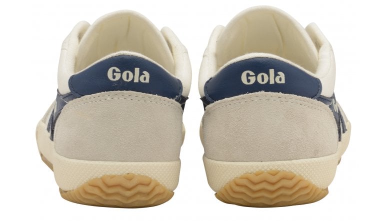 A rear view of the white and blue Gola sneakers.