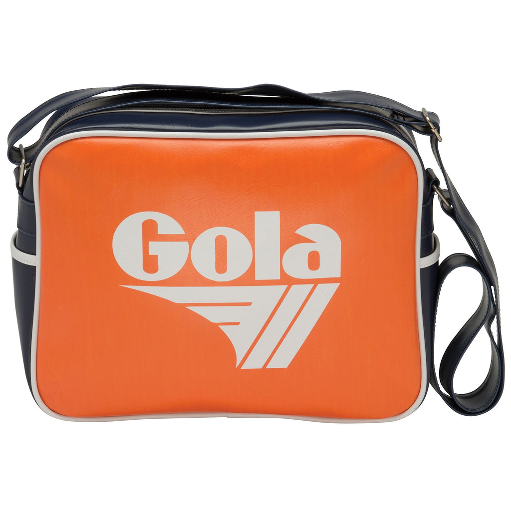 Front view of an orange and navy Gola shoulder bag with white trim and logo.