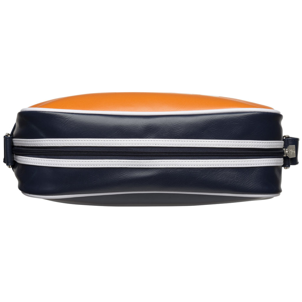 Top view of the orange and navy Gola shoulder bag, showing its zippered closure.