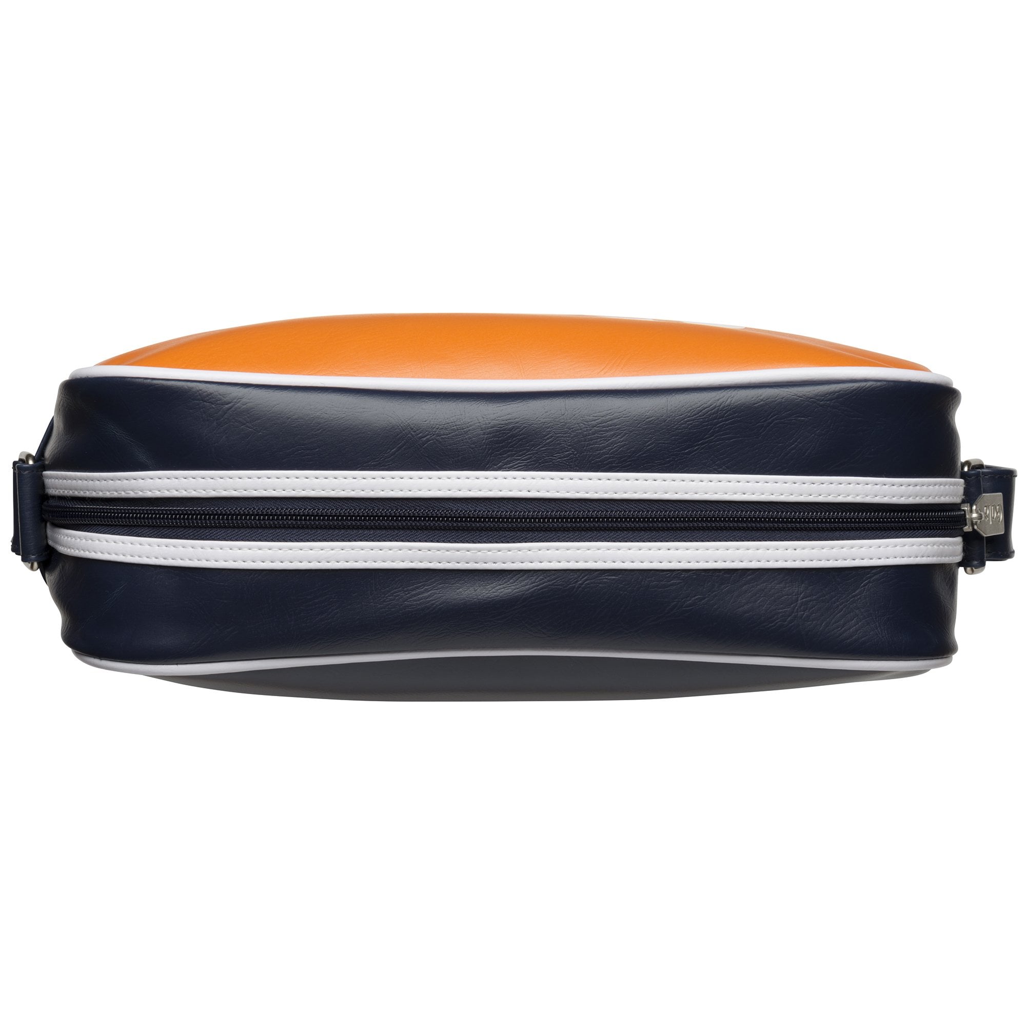 Top view of the orange and navy Gola shoulder bag, showing its zippered closure.