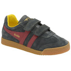 A single gray Gola kids' sneaker with red stripes and yellow interior, shown from an angle.