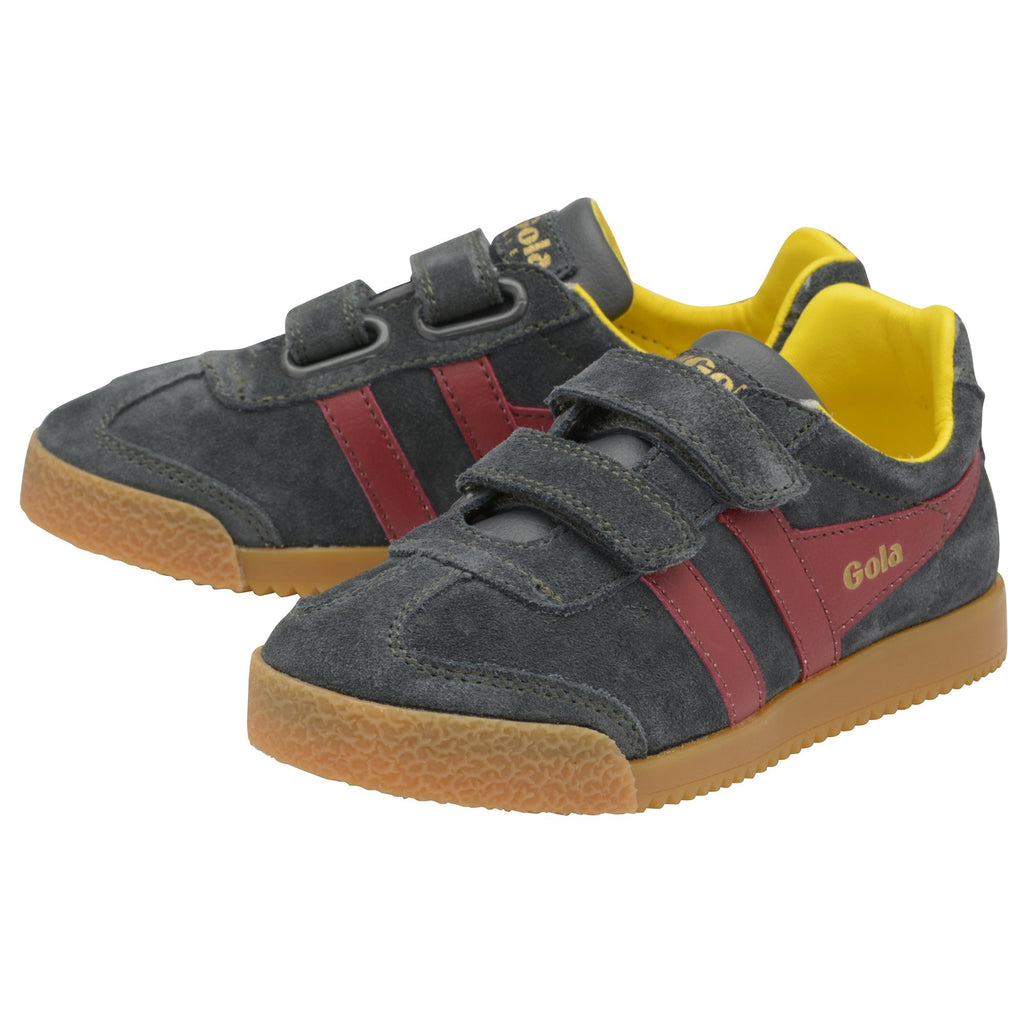 A pair of gray Gola kids' sneakers with red stripes and yellow interior, from the front.