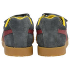 The back view of a pair of gray Gola kids' sneakers with red stripes and yellow lining.