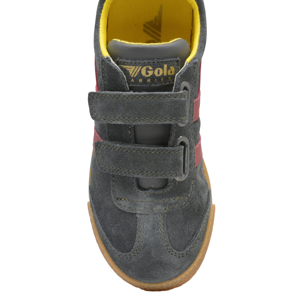 The top-down view of a single gray Gola kids' sneaker with red stripes and yellow interior.