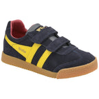 A navy blue Gola trainer with yellow stripes and velcro straps, viewed from an angle.