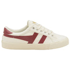 Side profile of a Gola women's low-top sneaker in off-white with two red stripes.