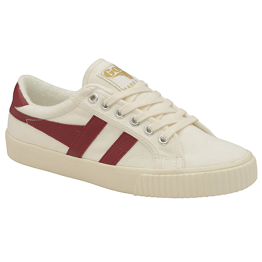 Angled view of a Gola women's low-top sneaker in off-white with two red stripes.
