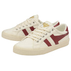 Pair of Gola women's low-top sneakers in off-white with two red stripes.