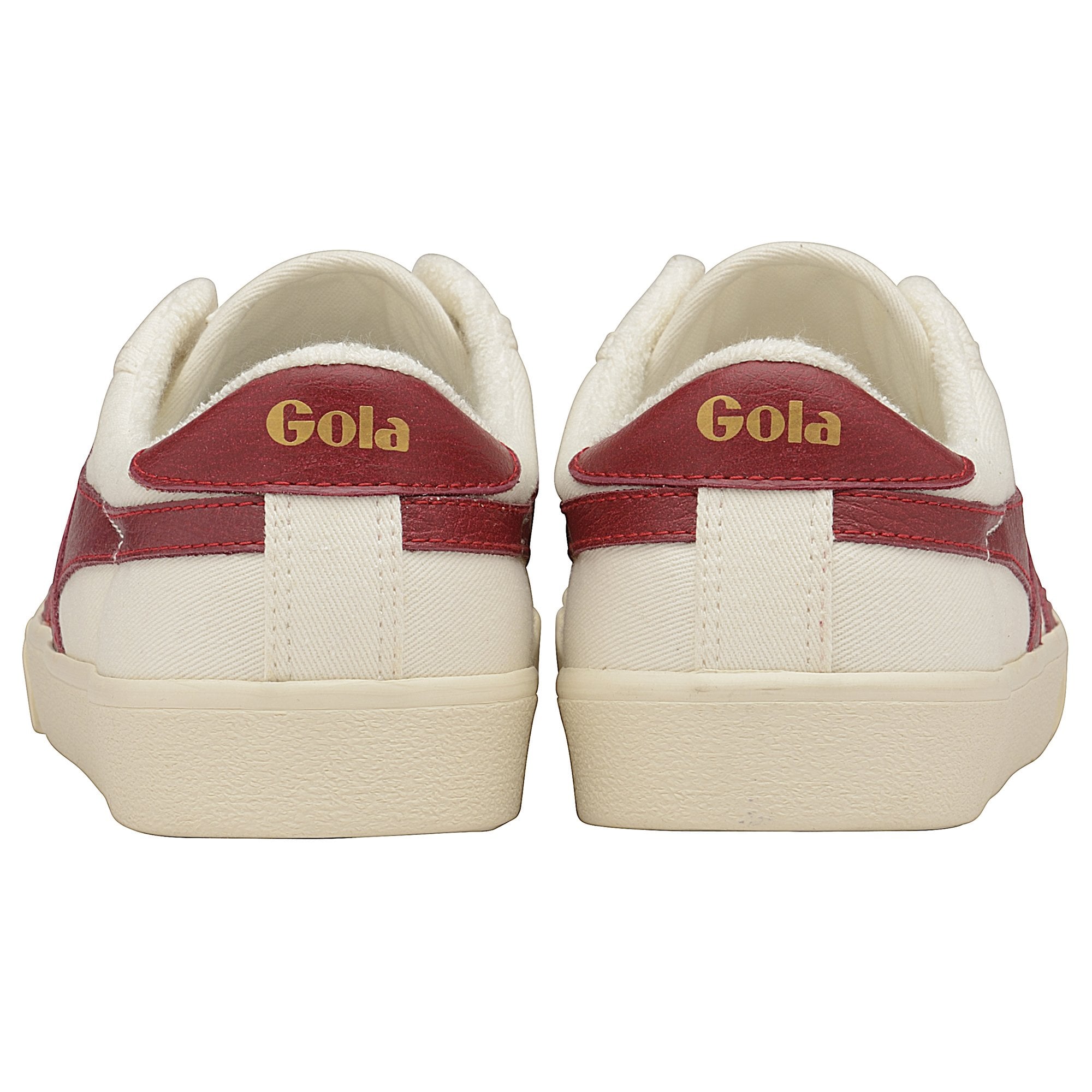 Rear view of a pair of Gola women's low-top sneakers in off-white with two red stripes.
