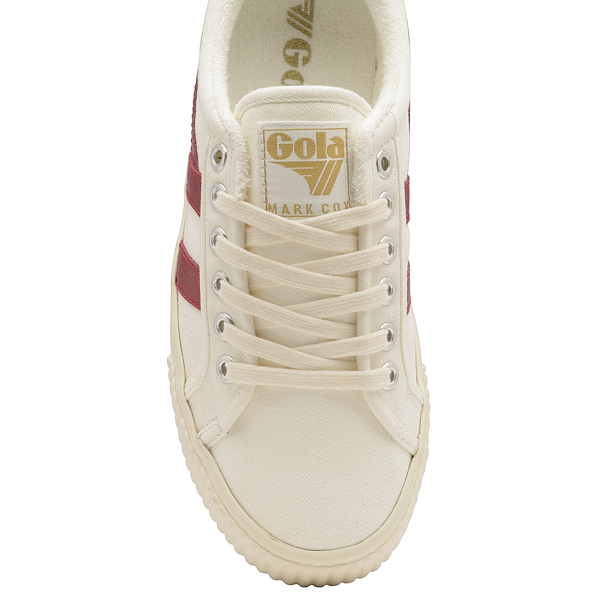 Top-down view of a Gola women's low-top sneaker in off-white with two red stripes.