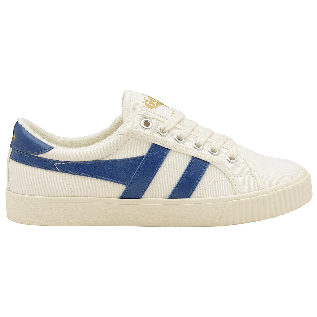 A white Gola women's low-top sneaker with blue stripes on the side.