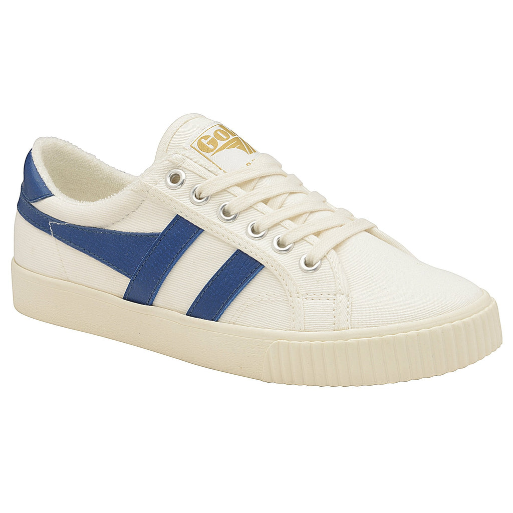 A white Gola women's low-top sneaker with blue stripes on the side.