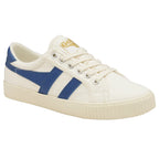 A white Gola women's low-top sneaker with blue stripes on the side.