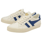 A pair of white Gola women's low-top sneakers with blue stripes on the sides.