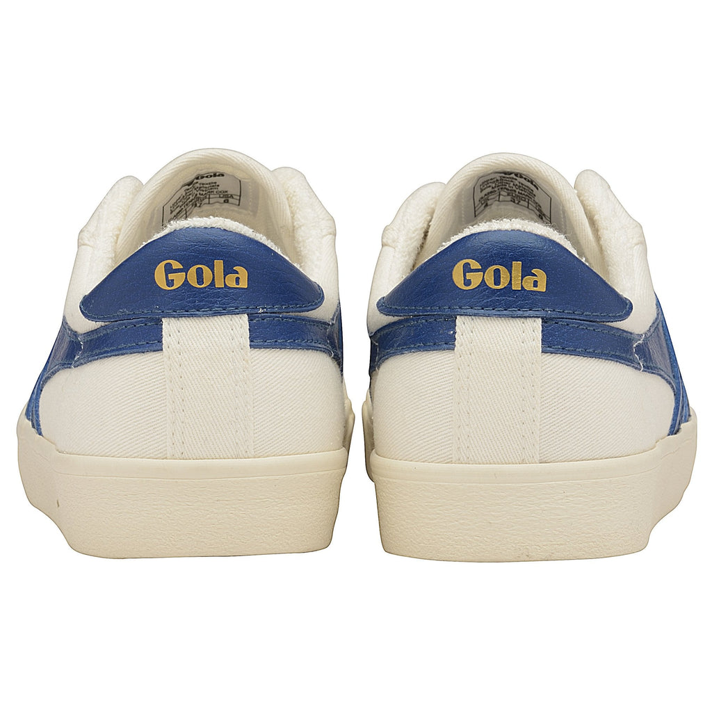 The back of two white Gola women's low-top sneakers with a blue heel cap.