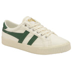A left white and green Gola low-top sneaker, positioned for a side view.