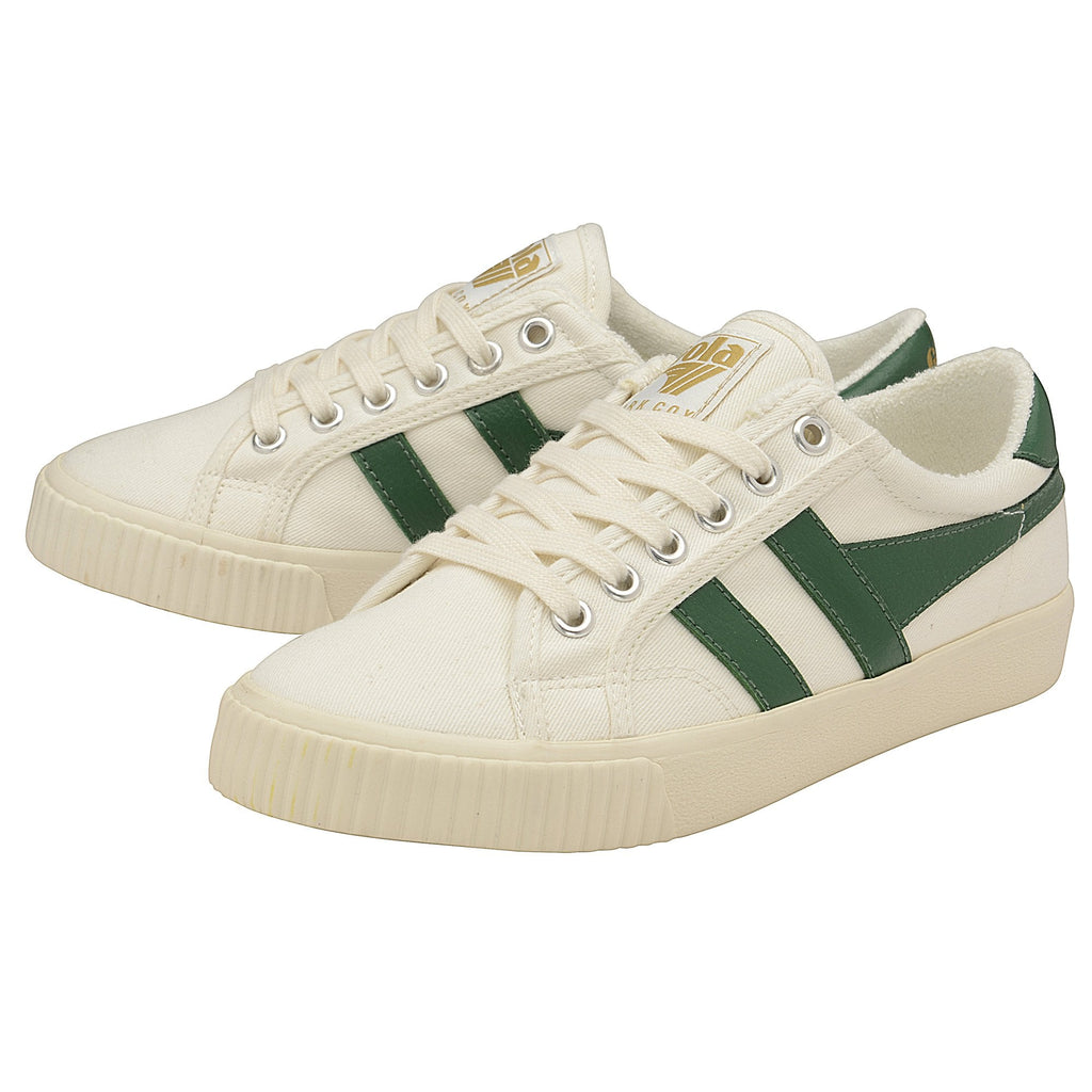 A pair of white and green Gola low-top sneakers, positioned for a front side view.