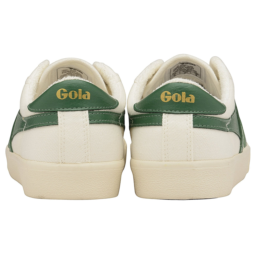 A pair of white and green Gola low-top sneakers, positioned for a back view.