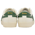 A pair of white and green Gola low-top sneakers, positioned for a back view.