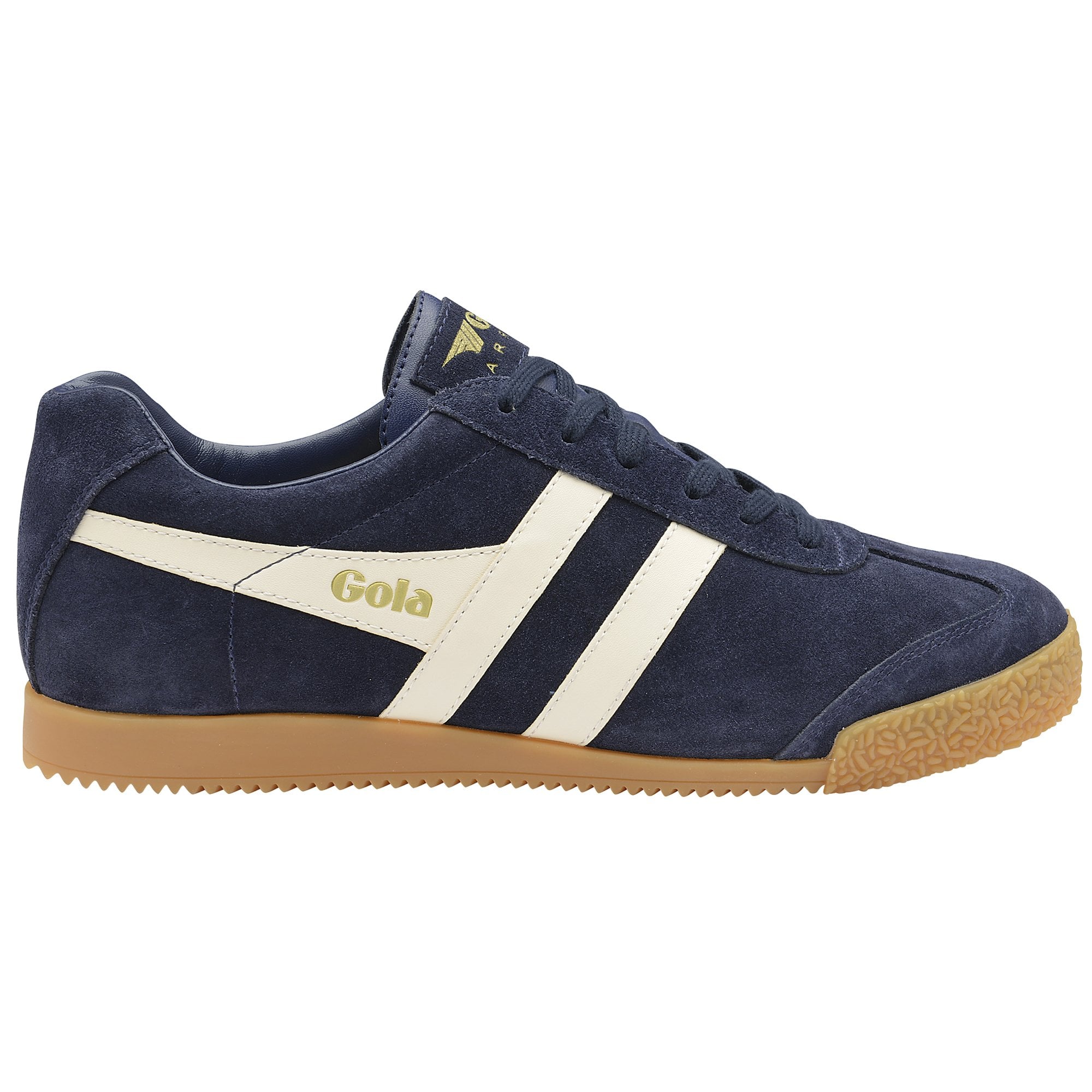 Side profile of a Gola Harrier suede trainer in navy with white stripes and a gum sole.