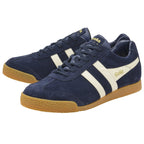 Pair of Gola Harrier suede trainers in navy with white stripes and gum soles.