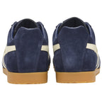 Rear view of a pair of Gola Harrier suede trainers in navy with white stripes and gum soles.