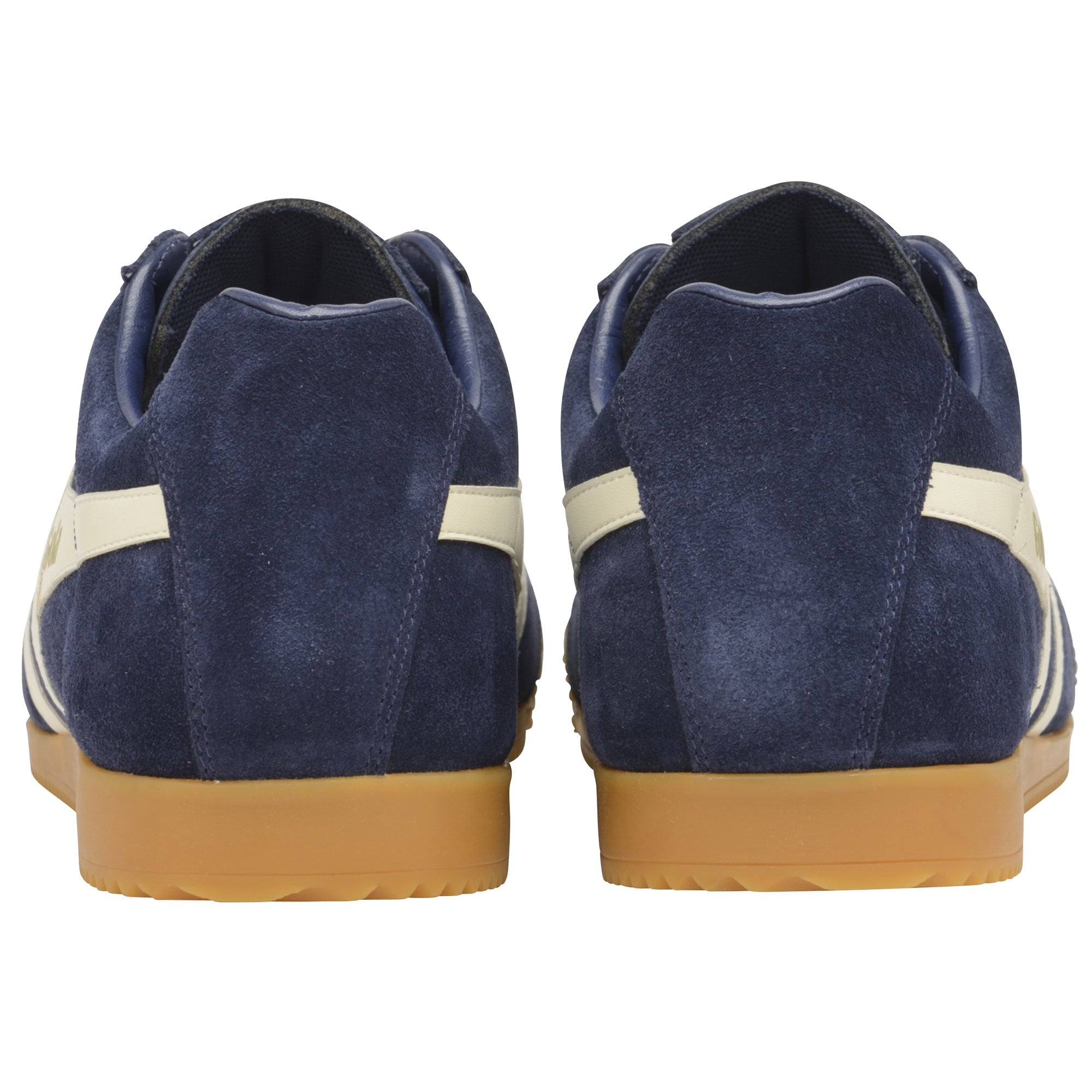 Rear view of a pair of Gola Harrier suede trainers in navy with white stripes and gum soles.