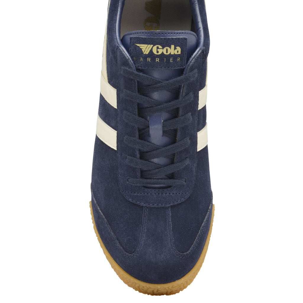 Top-down view of a Gola Harrier suede trainer in navy with white stripes and a gum sole.