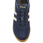 Top-down view of a Gola Harrier suede trainer in navy with white stripes and a gum sole.