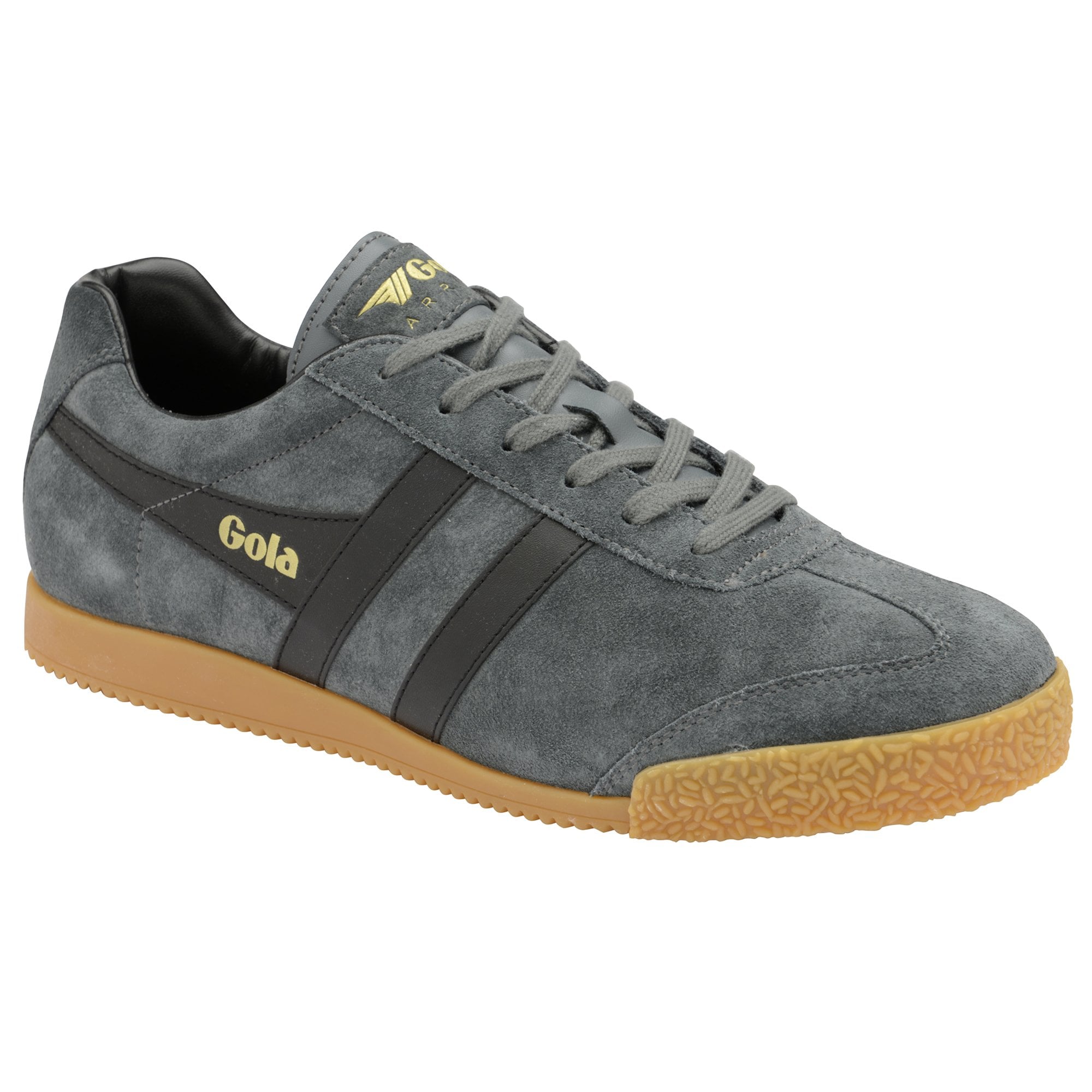 Front side view of a gray suede Gola sneaker with black stripes and a tan sole.