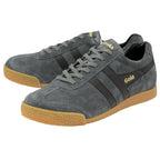 Pair of gray suede Gola sneakers with black stripes and tan soles, angled slightly.