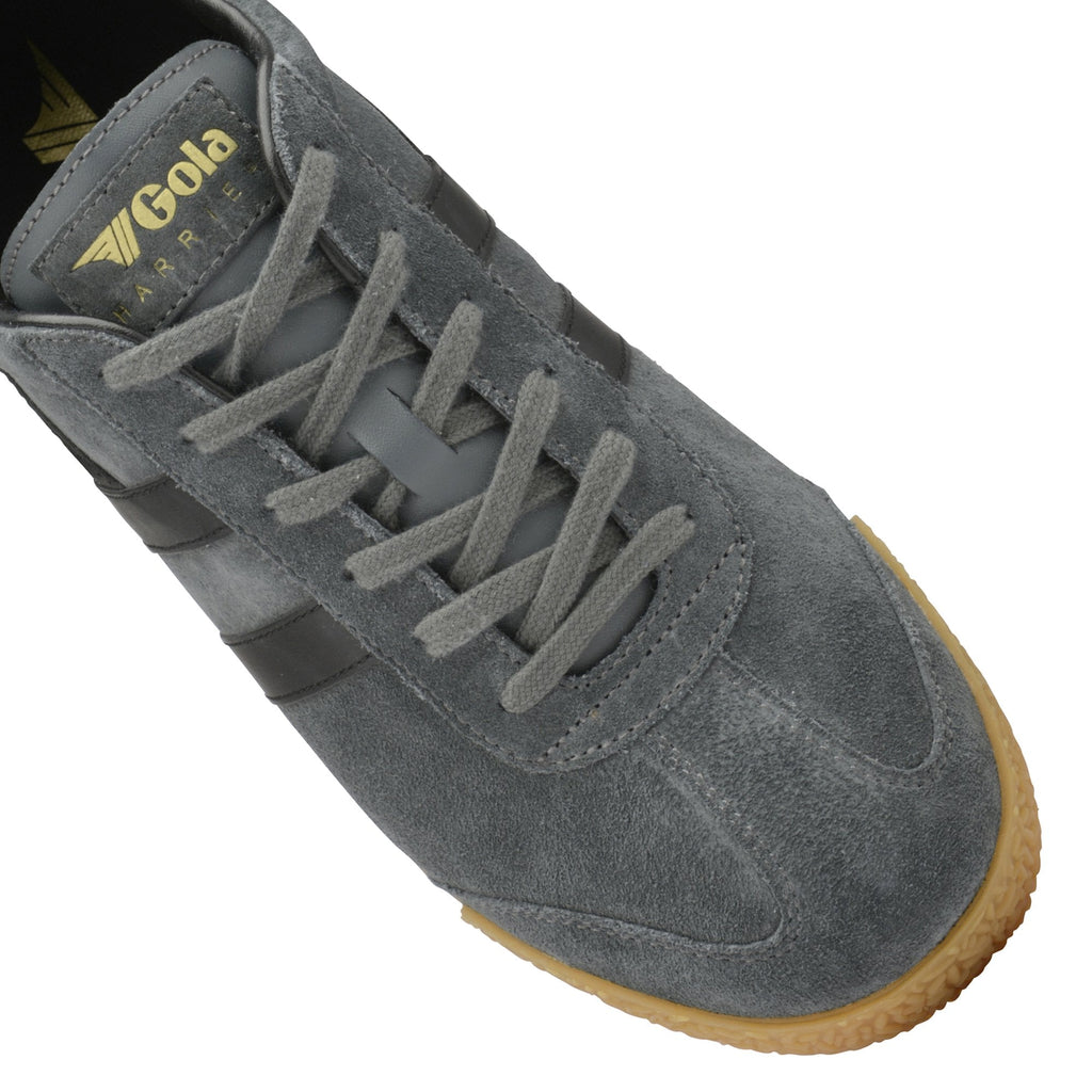 Close-up top-down view of the toe and laces of a gray suede Gola sneaker.