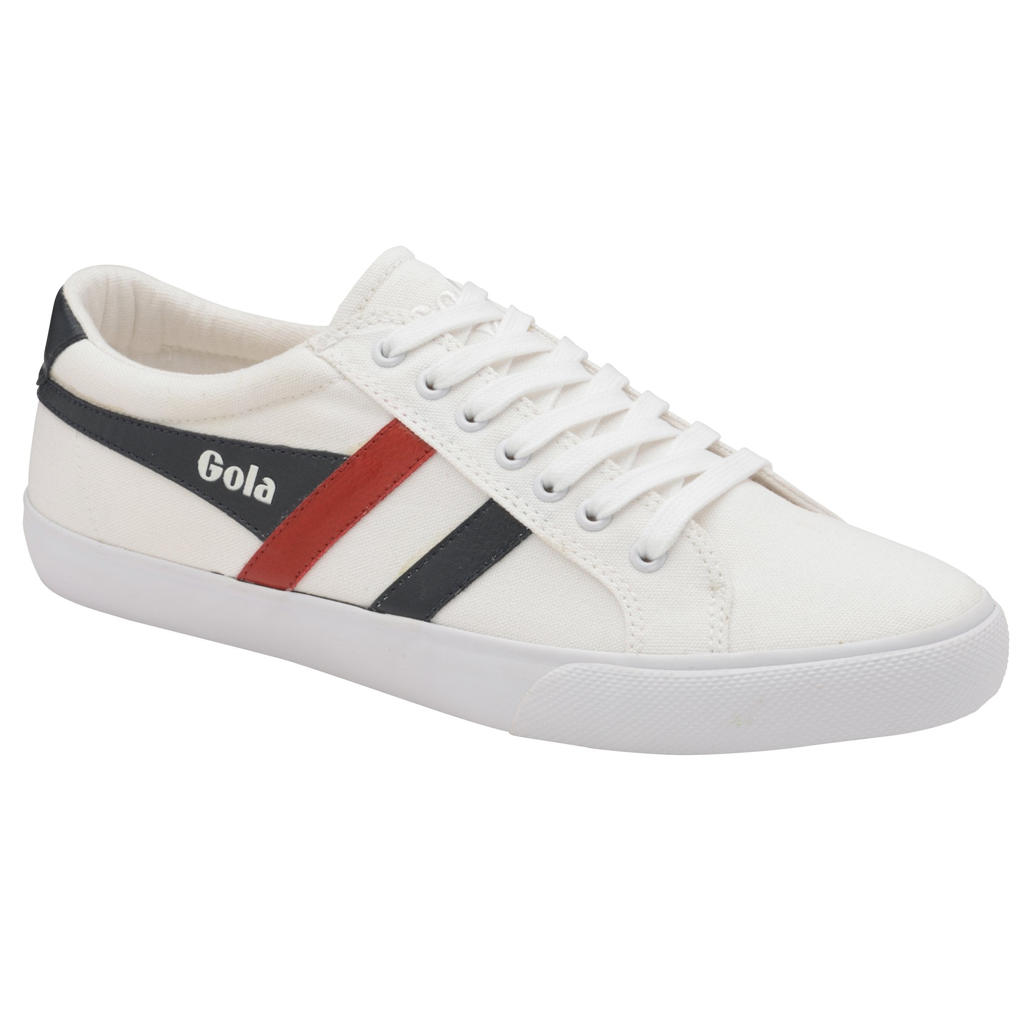 A white Gola sneaker with red and black stripes and a black heel tab.