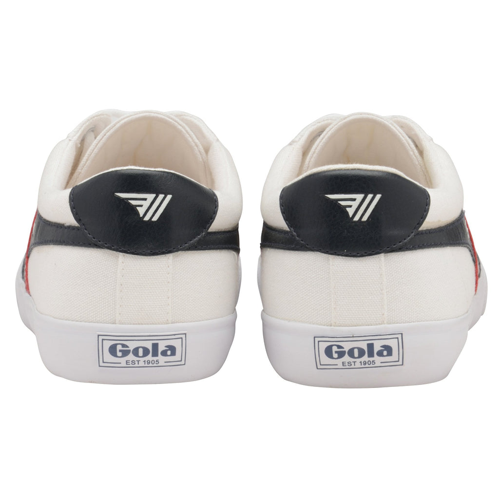 Rear view of white Gola sneakers with black heel tabs and logos.