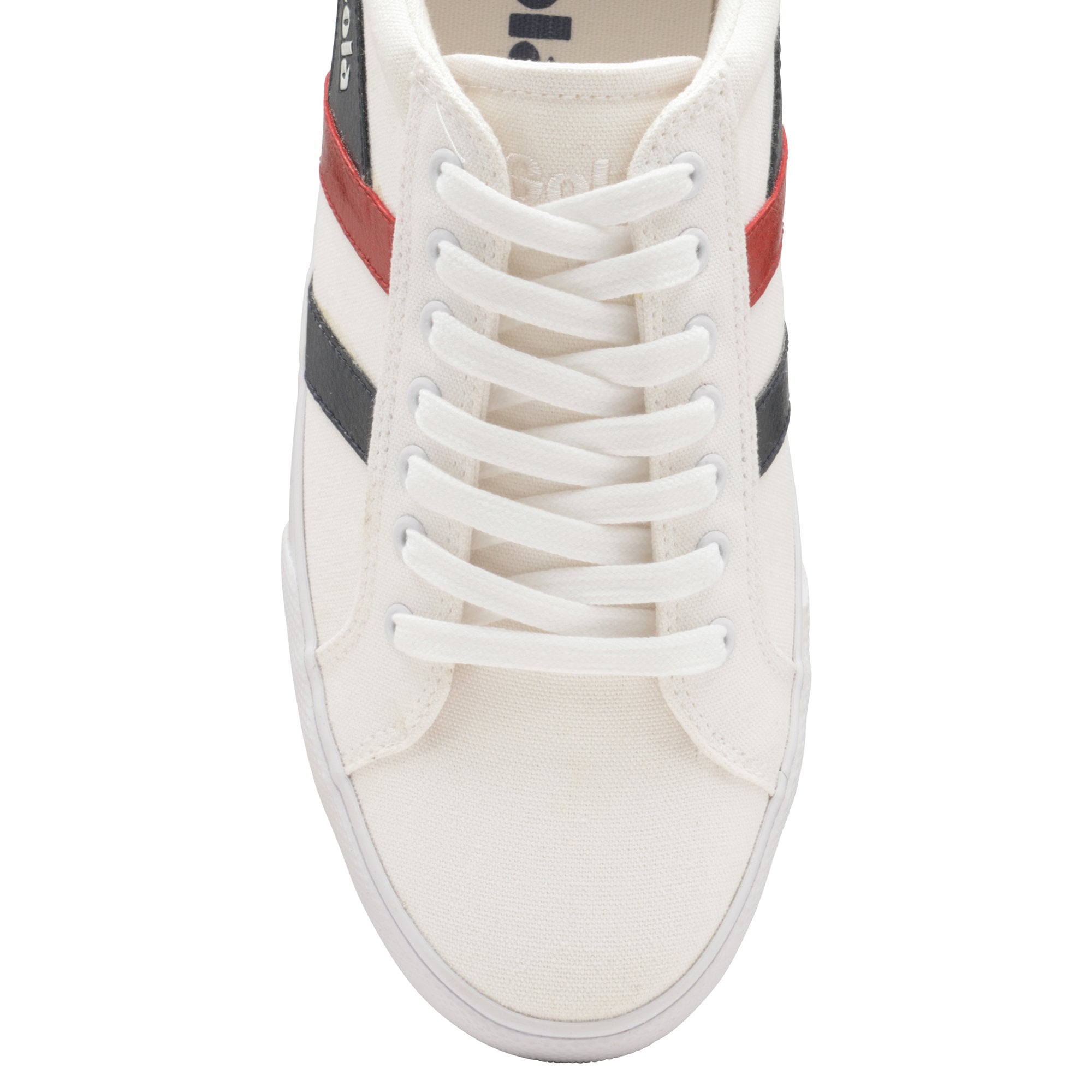 Overhead view of a white Gola sneaker with red and black stripes, and white laces.