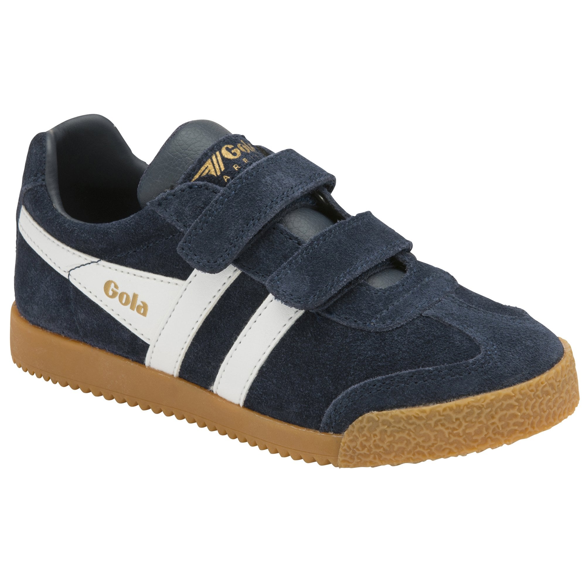 Blue Gola Harrier kids' sneaker with white stripes, front-side view. Offers style and ease.