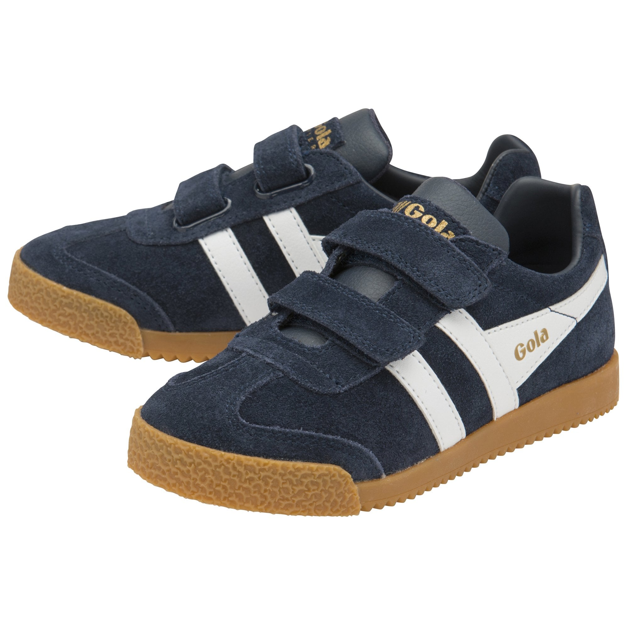 Pair of blue Gola Harrier kids' sneakers with white stripes. Ideal for active children.