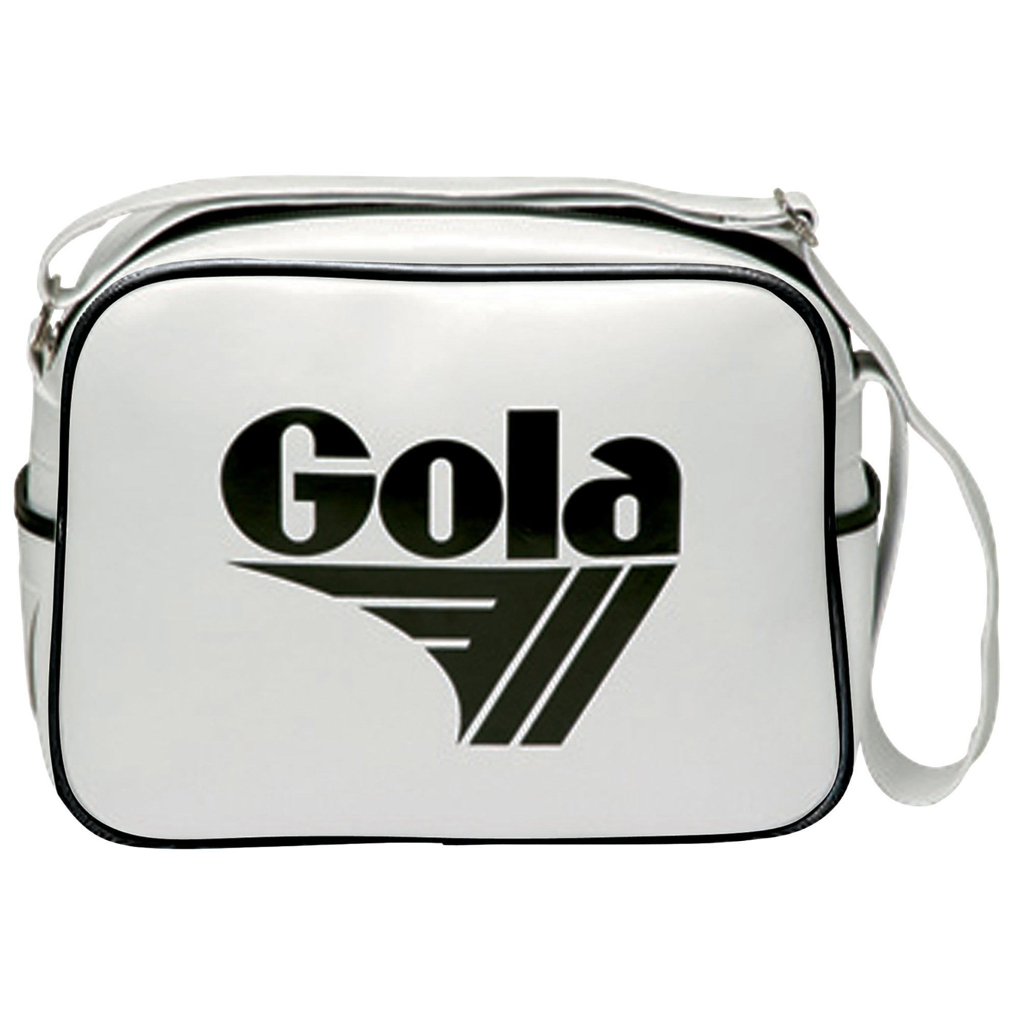 White Gola messenger bag with black trim and large black Gola logo on the front.