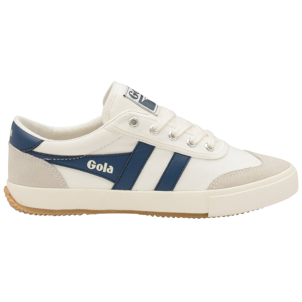 A casual white Gola sneaker with blue stripes on a white background.