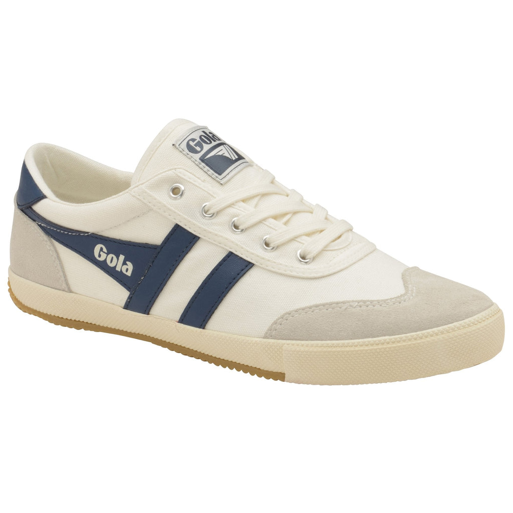 A single white Gola sneaker with blue stripes on a white background.