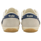 The back view of a pair of white Gola sneakers with blue stripes and brown soles.