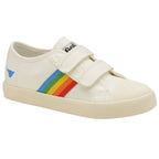 A left white Gola sneaker with a rainbow stripe and two velcro straps.