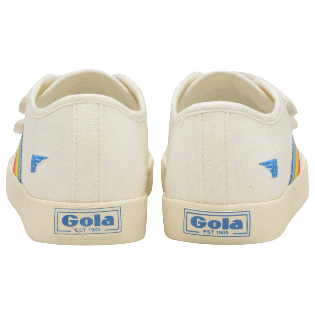 Rear view of two white Gola sneakers with blue logos on the heels.
