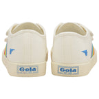 Rear view of two white Gola sneakers with blue logos on the heels.