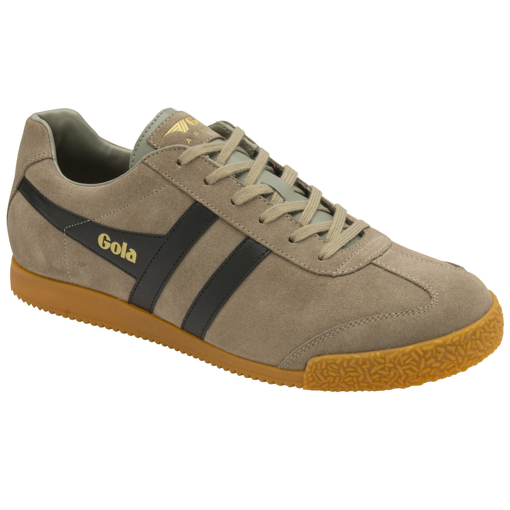 A single Gola low-top sneaker in tan suede with black stripes and a gum sole.