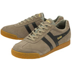 A pair of tan suede Gola sneakers with black stripes and gum soles.