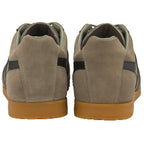 The back view of two tan suede Gola sneakers with black side stripes and gum soles.