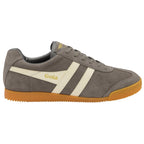 Side profile of a single gray Gola sneaker with white stripes and a gum sole.